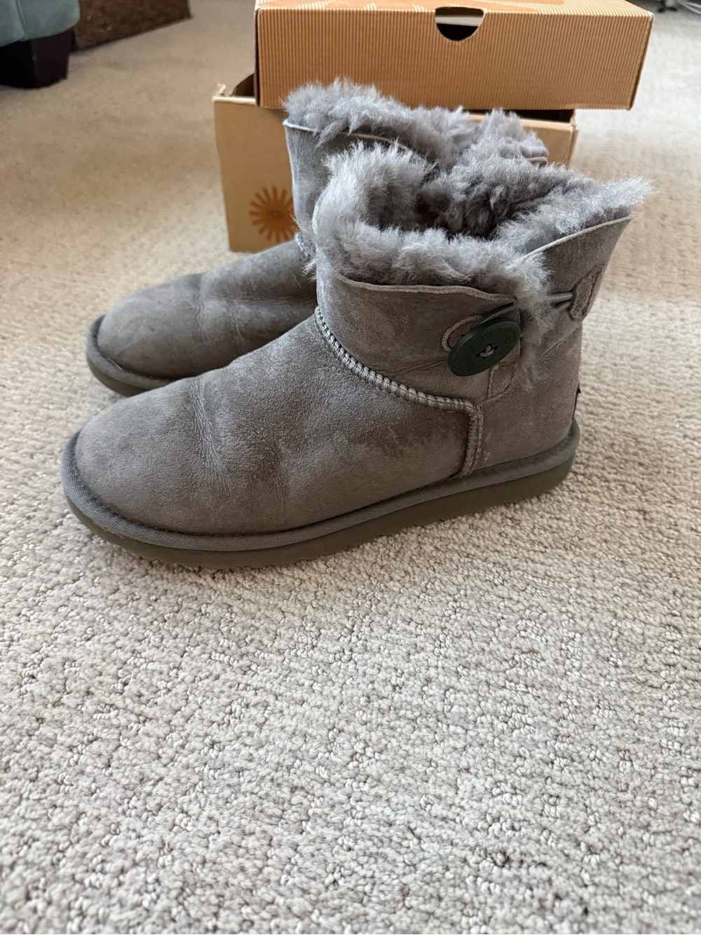 Ugh Gray Suede Shearling Button Ankle Boots